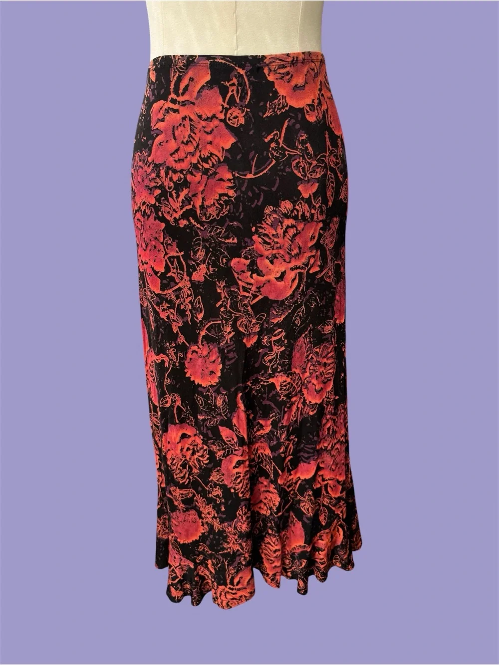 Vintage 90s Vampy Grunge Whimsigoth Red Black Floral Midi Skirt XL
